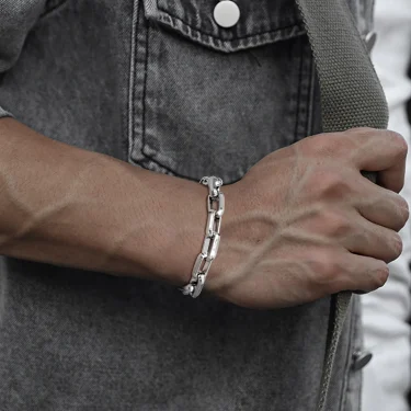Casual Rectangle Chain Bracelets for Men Boys,Silver Color Stainless Steel Wristband,Punk Anniversary Jewelry Gifts 2