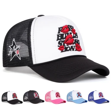Unisex Letter Lips Embroidery Side Pentagram Baseball Net Caps Spring and Summer Outdoor Adjustable Casual Hats Sunscreen Hat 1
