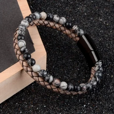 Natural Stone Bracelet Genuine Leather Braided Bracelets Black Stainless Steel Magnetic Clasp Tiger eye Bead Bangle Men Jewelry 3