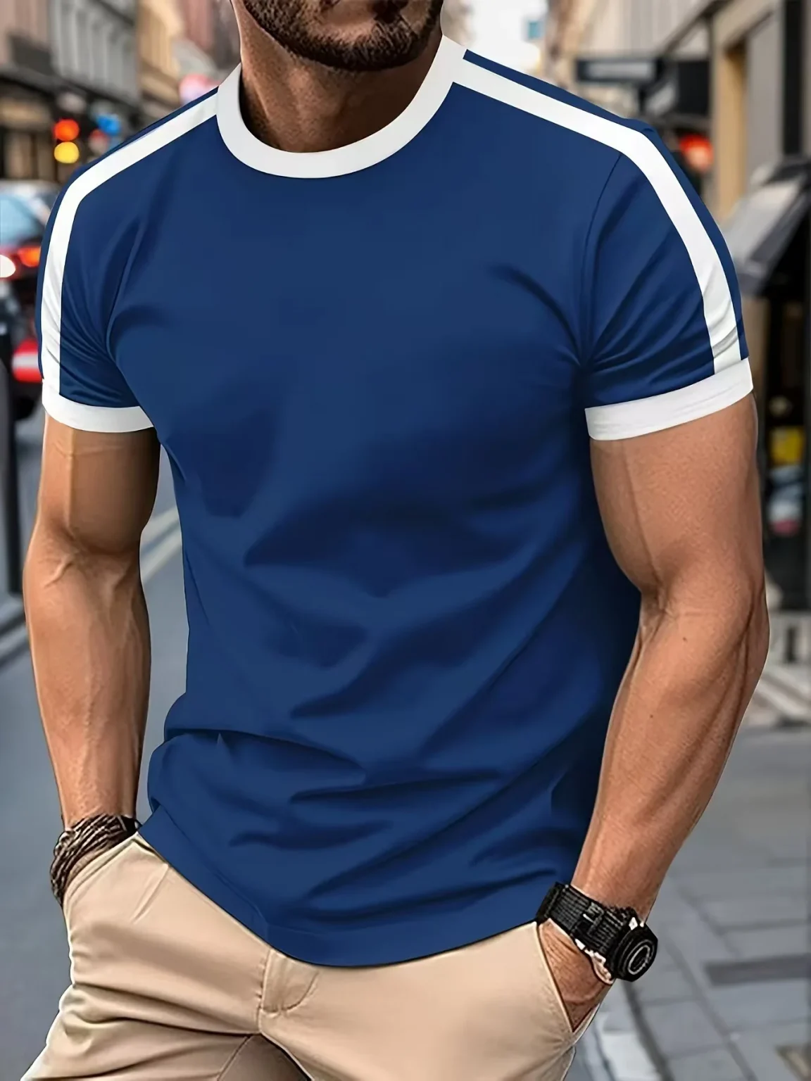 Men's Casual Short-Sleeved European and American Sports Fitness Contrasting Color Men's T-Shirt 4