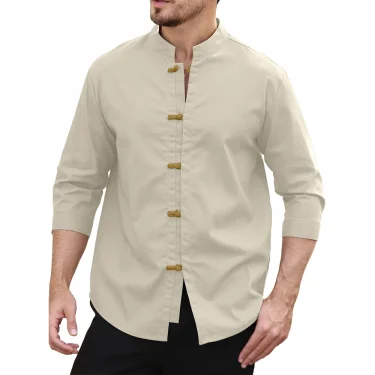 Men's Short Sleeve Shirt Summer Linen Casual Beach Short T-shirts Solid Color Male Vintage Streetwear Tops US Size 1