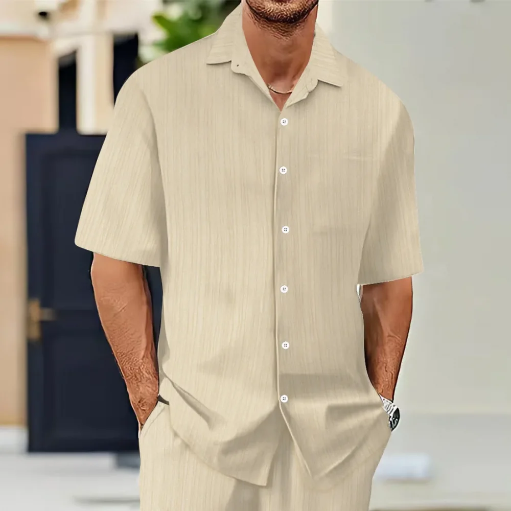 Hot Sale Men's Short-Sleeved Shirts Summer Solid Color Turn-down collar Casual Beach Style Plus Size 6