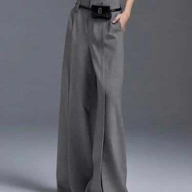 Lemongor Women Formal Suit Straight-leg Pants New Fashion Solid Color Split-Front High-Waisted Pleated Casual Trousers 4
