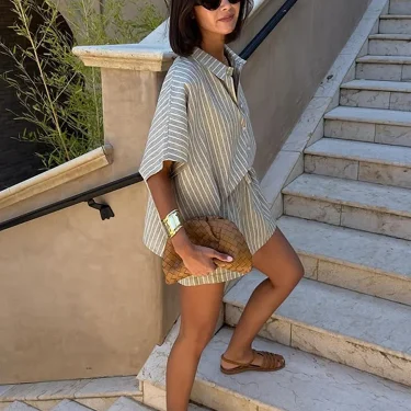 Casual Stripe Shorts Set Women's Loose Single Breasted Half Sleeve Shirt High Waist Short Pant 2025 Summer New Lady Holiday Suit 5