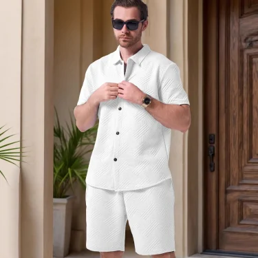A two-piece set of solid jacquard short-sleeved cardigan paired with casual drawstring shorts for the summer of 2025 5