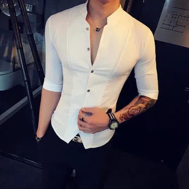 Men's Stand-up Collar Shirt Summer New Men's Fashion Slim Korean Half Sleeve High Quality Summer Short Sleeve Shirt 3