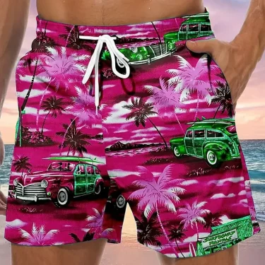 3D car print men's casual shorts Tropical summer vitality style fashion shorts, quick-drying and comfortable close-fitting 2