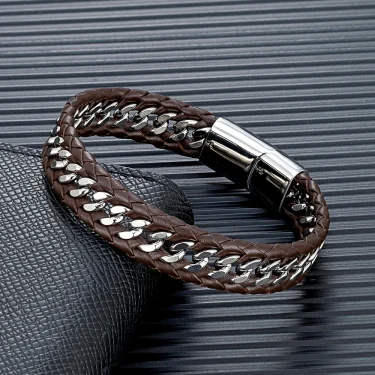MKENDN Punk Men Braided Woven Black Leather Bracelets Black Stainless Steel Bangle for Friend Charm Fashion Jewelry Gifts 2