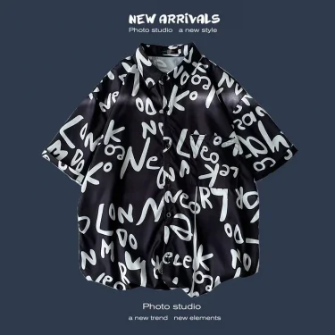 Men Street Fashion Summer Daily Shirt Hawaiian Cartoon Print Casual Loose Shirts Short Sleeve Beach Loose Tops 2