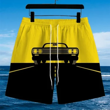 Men's Hawaiian Swim Trunks 3D Yellow And Black Car Print Beach Shorts Quick Dry Outdoor Leisure Sports Shorts Casual Men's Short 3