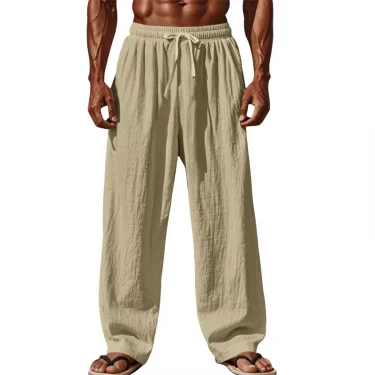 2025 New Men's Cotton and Linen Casual Pants Simple and Comfortable Straight Leg Pants Waist Drawstring Plus Size Looser 3