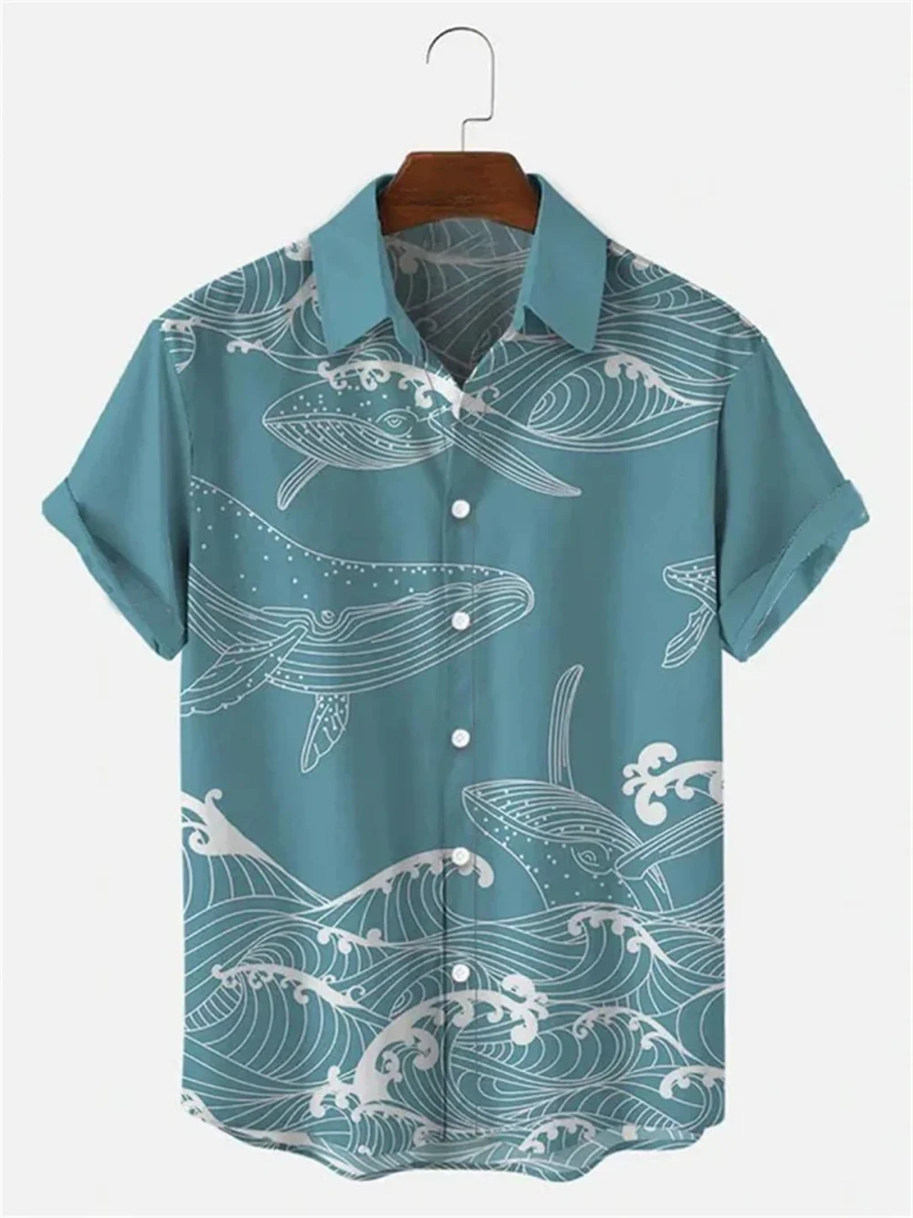 Hawaiian Men's Short Sleeve Shirt Whale Spray Print Beach Fashion Lapel Top 2024 New Large Size Casual 2