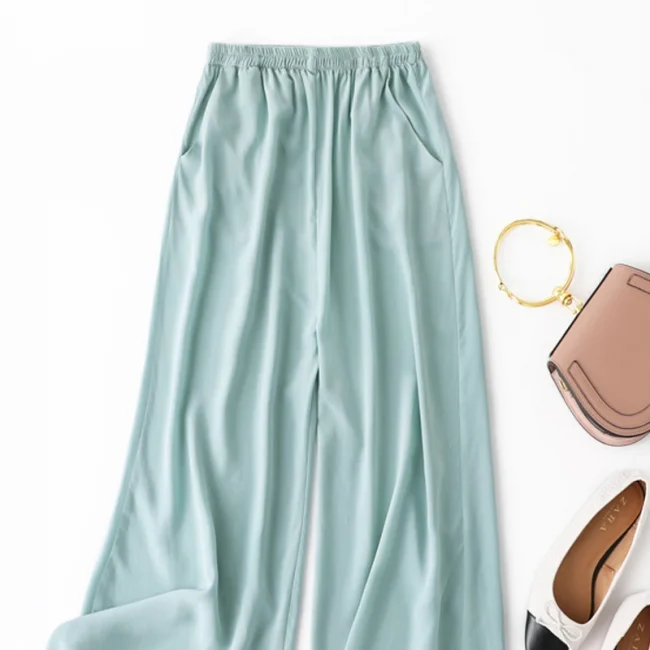 Birdtree Summer 100% Silk Crepe Dechine Pants Women Wide Leg Casual Trousers Solid Elastic Waist Cropped Pant New 2023 B35852C 5
