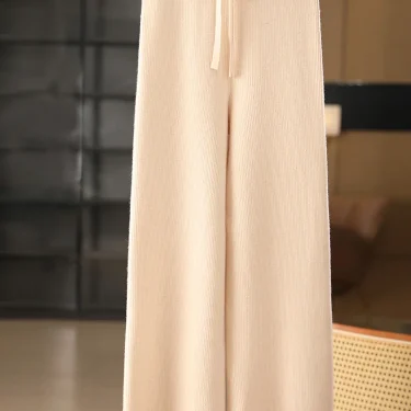 Women’s Wool Wide Leg Pants Striped Elastic Waist Cashmere Autumn Winter Chic Simple 100% Merino Wool Knitwear Casual Trousers 4