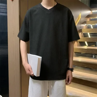 New Men's Casual and Fashionable V-neck Solid Color Short Sleeved T-shirt Breathable and Comfortable Summer Versatile Top 3