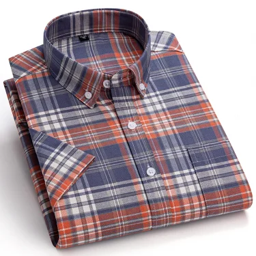 New Men's Social Shirt Short Sleeve 100% Pure Cotton Oxford Soft Buttoned Plaid Formal Male Clothes Pocket Social Shirt 6XL 7XL 2