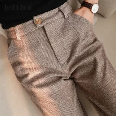 Woolen Pants Women's Harem Pencil Pants Autumn Winter High Waisted Casual Suit Pants Office Lady Women Trousers 1