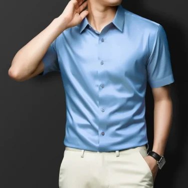 New Anti-Wrinkle Men Shirts Short Sleeves Dress Shirts For Men Slim Fit Camisa Social Business Blouse White Office Shirt S-4XL 2