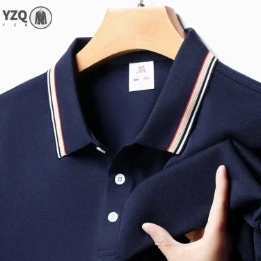 Men's Fashion Solid Short Sleeved Striped Lapel Polo Shirt Summer Breathable Comfortable Top 2