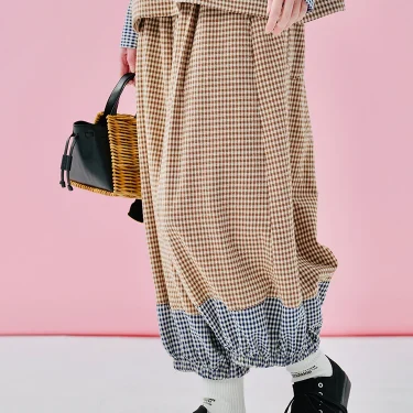 imakokoni 2025 spring niche series pure cotton color blocked plaid drawstring pants 244933 3