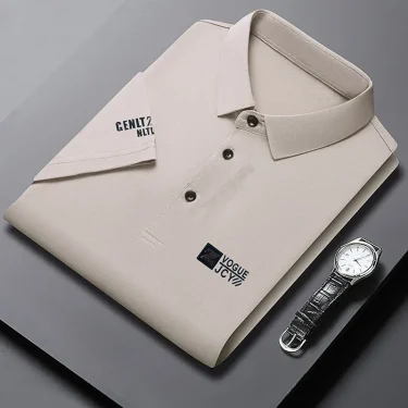 New Men's Business Casual Short Sleeved Shirt with Badge Solid Color Polo Shirt Fashionable Breathable Comfortable Versatile Top 1