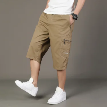 3/4 Loose Cargo Shorts Men Cotton Outdoor Hiking Man Keen Length Summer Breathable Elastic Waist Drawstrring Short Pants 5