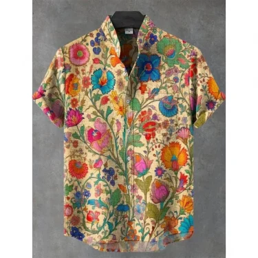 Men's Indian Folk Floral Print Shirt Pocket Short Sleeve Hawaiian Shirt Harajuku Hip Hop Streetwear Holiday Casual Tops 1