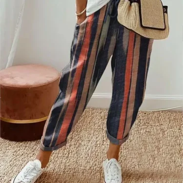 Women Spring Summer Cropped Pants Elastic Waist Drawstring Retro Thin Flower Print Fashion Loose Stripe Pocket Pants 1
