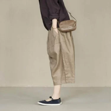 Women Cropped Pants Cotton Linen Solid Elastic Waist Baggy Trousers Loose Casual Streetwear Sweatpants Korean Style Flare Pants 3
