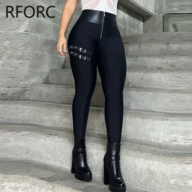 2023 Women Chic Pu Leather Patchwork High Waist Zipper Bandage Skinny Black Pencil Pants 1