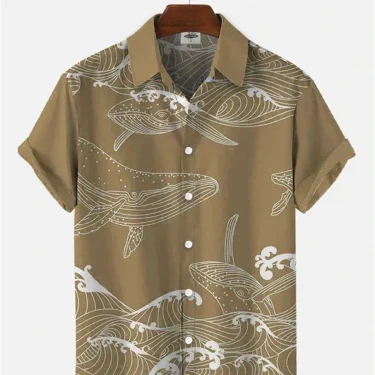 Hawaiian Men's Short Sleeve Shirt Whale Spray Print Beach Fashion Lapel Top 2024 New Large Size Casual 4