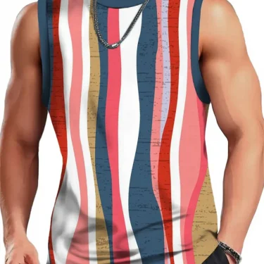 Mens Vintage Stripe 3D Printed Tank Tops Fashion Summer Sleeveless Casual Sports Vest Loose Quick Dry Breathable Tees Clothes 3