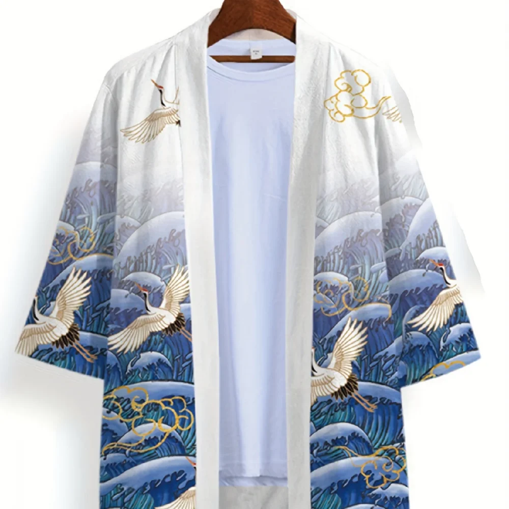 Animal Bird Patterns Crane Waves Asian Traditional Costume Print Kimono Men Women Yukata Haori Harajuku Cosplay Cardigan Costume 4