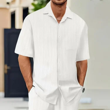 Hot Sale Men's Short-Sleeved Shirts Summer Solid Color Turn-down collar Casual Beach Style Plus Size 2