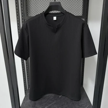New Men's Casual and Fashionable Small V-neck Short Sleeved T-shirt with Summer Stripes Comfortable Solid Color Versatile Top 4