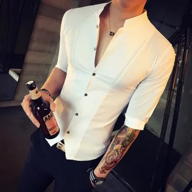 Men's Stand-up Collar Shirt Summer New Men's Fashion Slim Korean Half Sleeve High Quality Summer Short Sleeve Shirt 2
