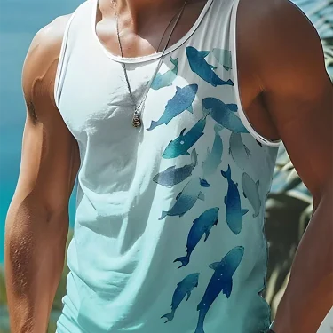 Summer Daily Casual Men's Tank Top Hawaiian Style Fish Print Men's Tank Top Seaside Party Men's Fashion Sleeveless T-shirt 1