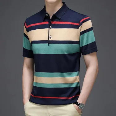 2024 Summer New Men's Knitted Stripe Short Sleeved POLO Shirt Comfortable and Cool Casual Fashion T-shirt 3