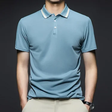 Men's Fashion Solid Short Sleeved Striped Lapel Polo Shirt Summer Breathable Comfortable Top 5