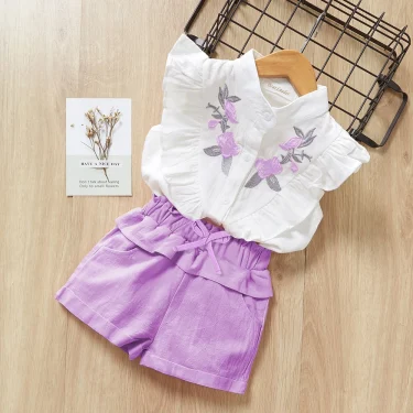 Girls Clothes Summer Flying Sleeved Round Neck Top+bow Solid Color Shorts 2-piece Set Pure Cotton Embroidered Flower Shirt Sets 1