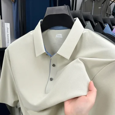Light Luxury Fashion Silk Breathable Short Sleeved T-shirt Men's Lapel Top 2025 Summer New Korean Casual Seamless Polo Shirt 1