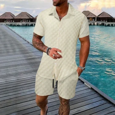 A summer men's beach set featuring a simple solid color short-sleeved shirt with a checkered pattern and drawstring shorts 6
