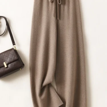 Autumn Winter Women's Cashmere Wide Leg Pants Basic Soft Casual Sashes Trousers 100% Merino Wool Knitwear Korean Popular Pants 4