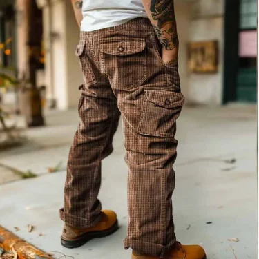 Autumn Winter Fashion Solid Color Men's Streetwear Fashion Pocket Work Pants Outdoor Sports and Leisure Retro Straight Leg Pants 4