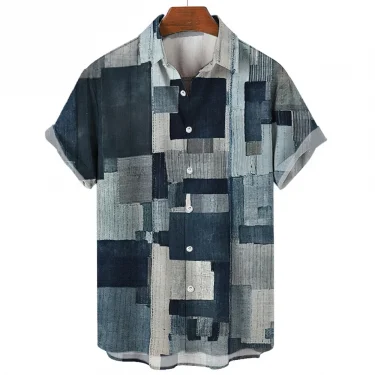 Fashion Patchwork Design Printed Pattern Men Women Short Sleeve Shirts Fashion Tops Casual Button Down Shirt Tops 3