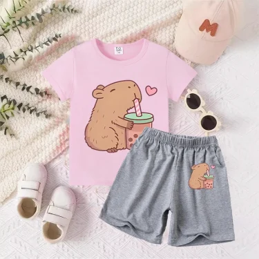 Capybara Baby T-Shirt Shorts Suit Boys Girls Summer Clothes Outfit Tracksuit Cartoon Anime Printed Tees Kids Pajamas Sets Gift 1