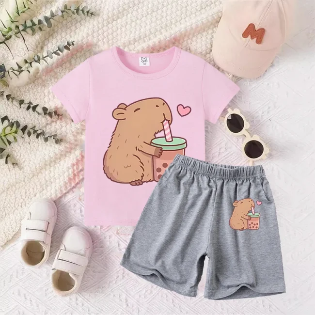 Capybara Baby T-Shirt Shorts Suit Boys Girls Summer Clothes Outfit Tracksuit Cartoon Anime Printed Tees Kids Pajamas Sets Gift 1