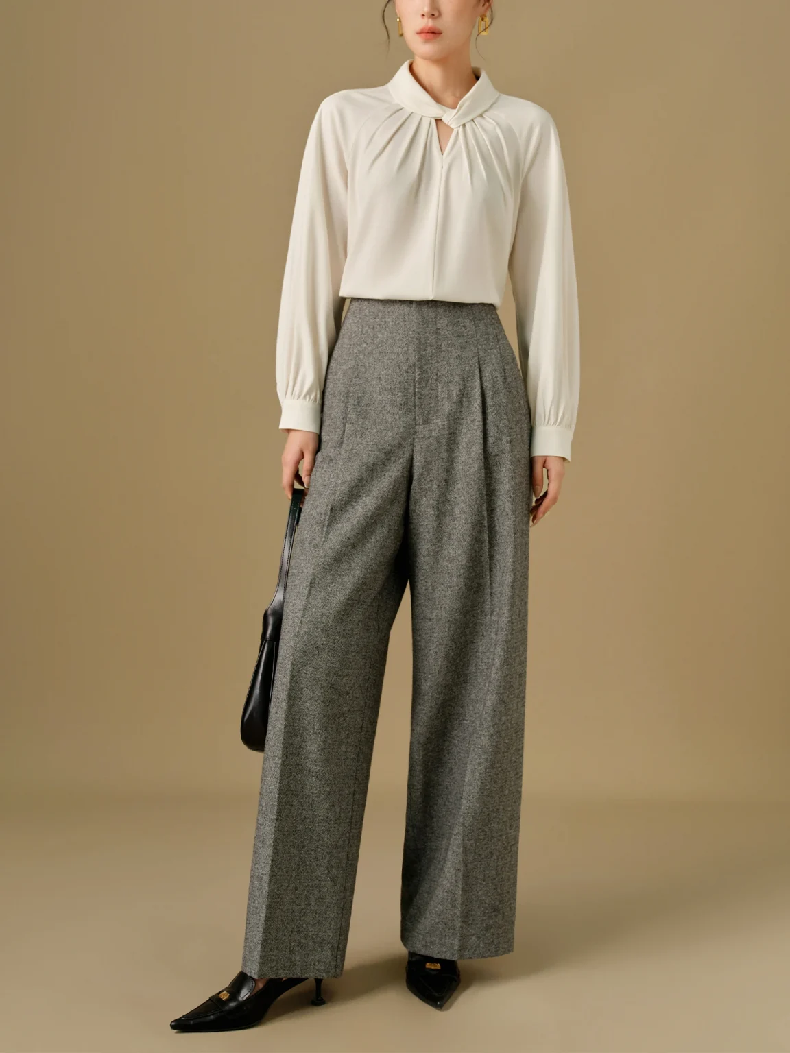 DUSHU 53.2% Sheep Wool Plus Size Commuting All-match Pants High Waist Elegant Wide Leg Pants Women 2024 New Trousers 24DH84028 3