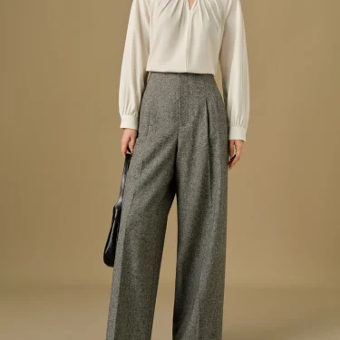 DUSHU 53.2% Sheep Wool Plus Size Commuting All-match Pants High Waist Elegant Wide Leg Pants Women 2024 New Trousers 24DH84028 3
