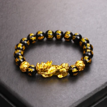 Gold Color Pi Xiu Bracelets Women Feng Shui Obsidian Wealth Pi Yao Bracelets Men 10m Dragon Mantra Bead Bangle Lucky Jewelry New 4